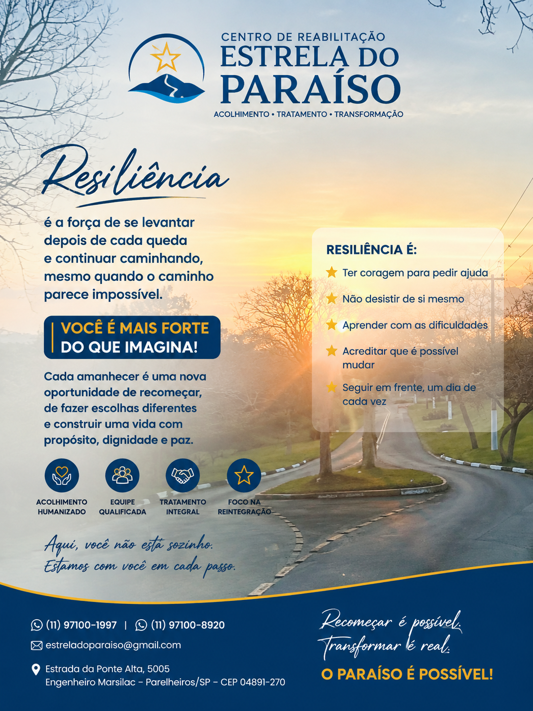 Cartaz da Estrela do Paraíso sobre resiliência, com amanhecer em estrada arborizada