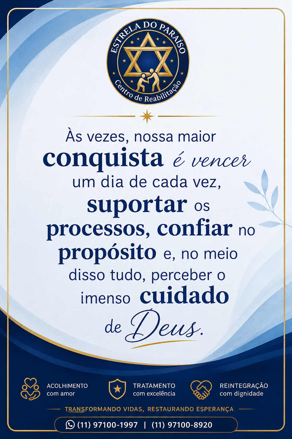 Cartaz azul e dourado da Estrela do Paraíso sobre conquista e propósito