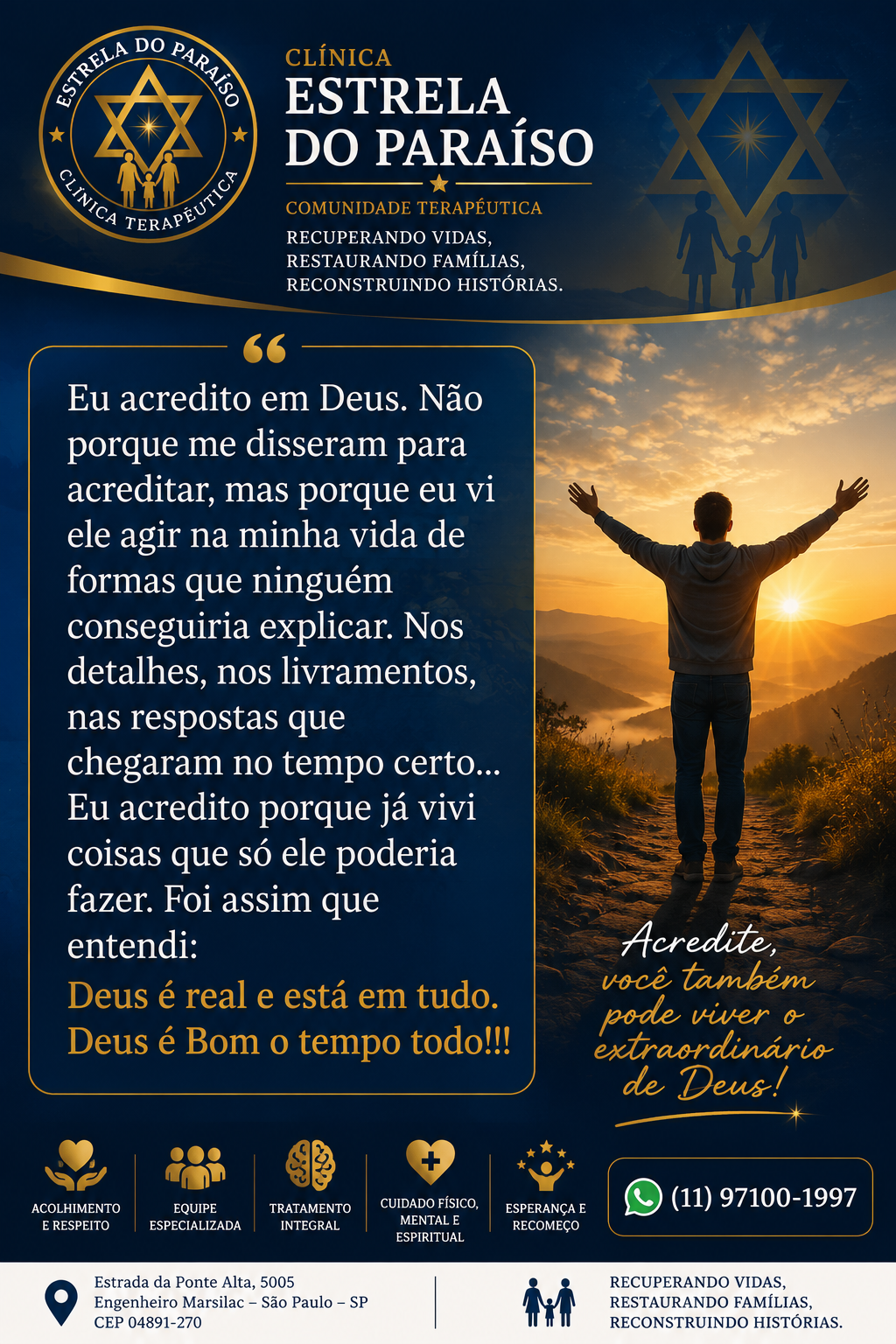 Cartaz da Clínica Estrela do Paraíso com depoimento de fé e homem ao pôr do sol